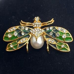 Rhinestone Bee Brooch Pendant Green Enamel Faux Pearl Body Convertible Bug Wasp